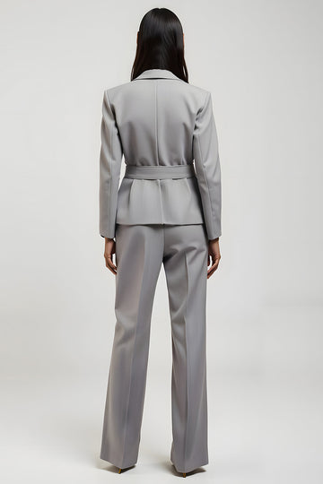 Gris Cranté Revers V Col 2 Pièces Femmes Costumes avec Poches